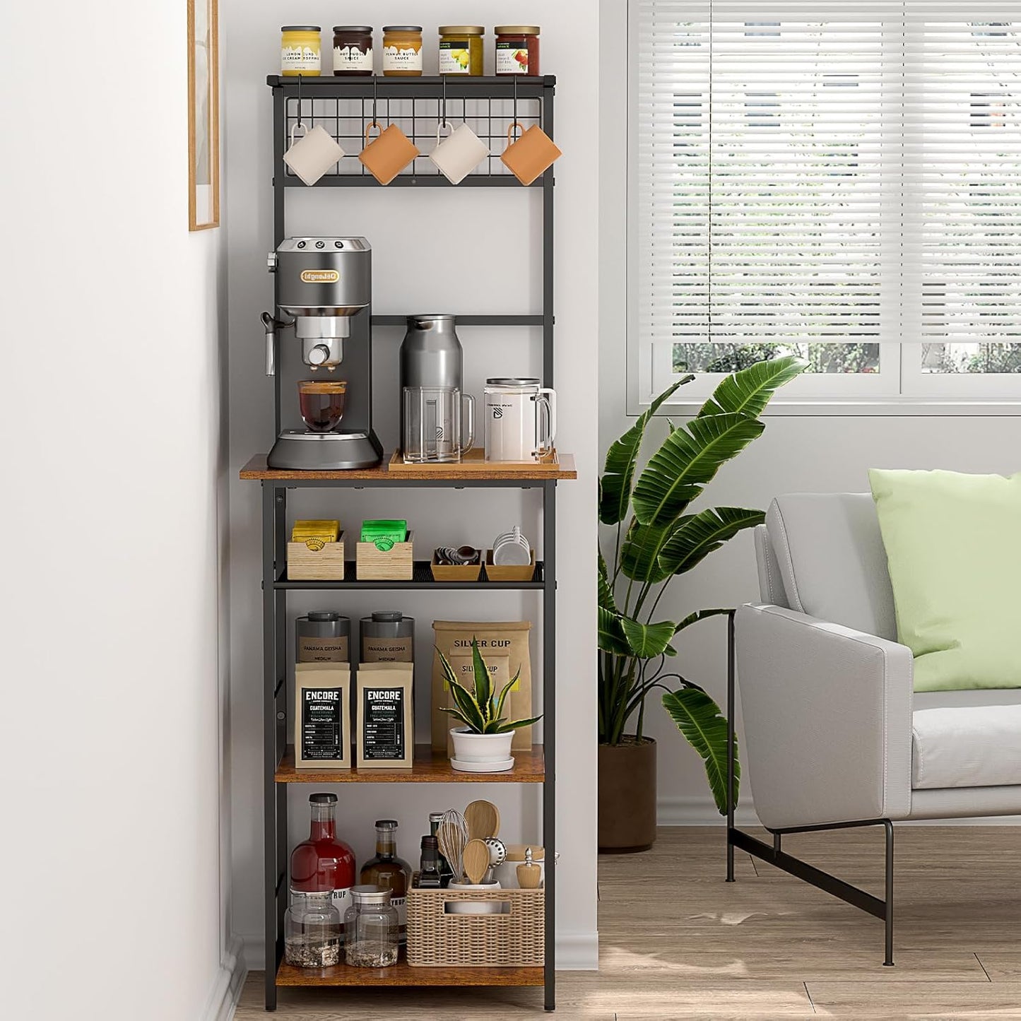 Space-Saving Farmhouse Coffee Bar: 5 Tier Stand with Hooks