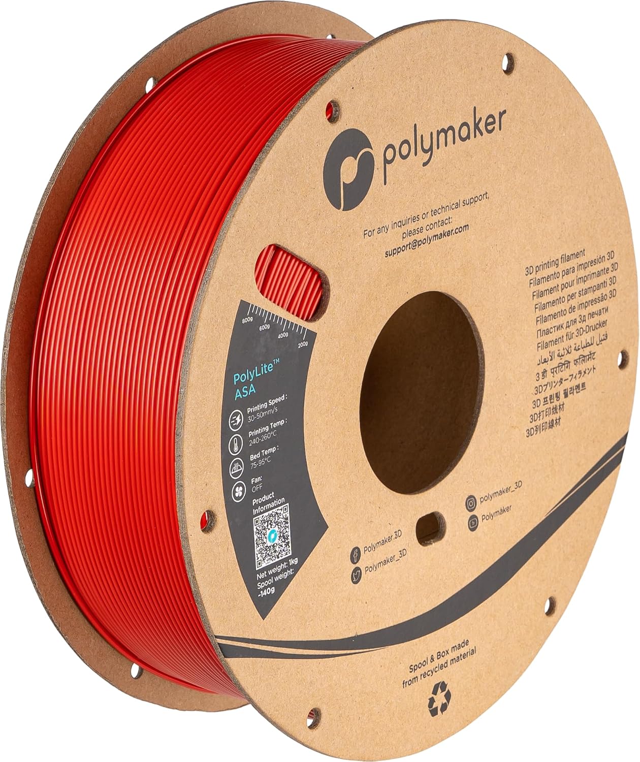 Polymaker ASA Filament 1.75mm Red for Outdoor 3D Printing