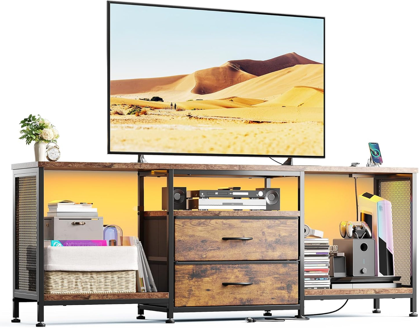 Rustic Brown TV Stand with LED Lights & Drawers by EnHomee