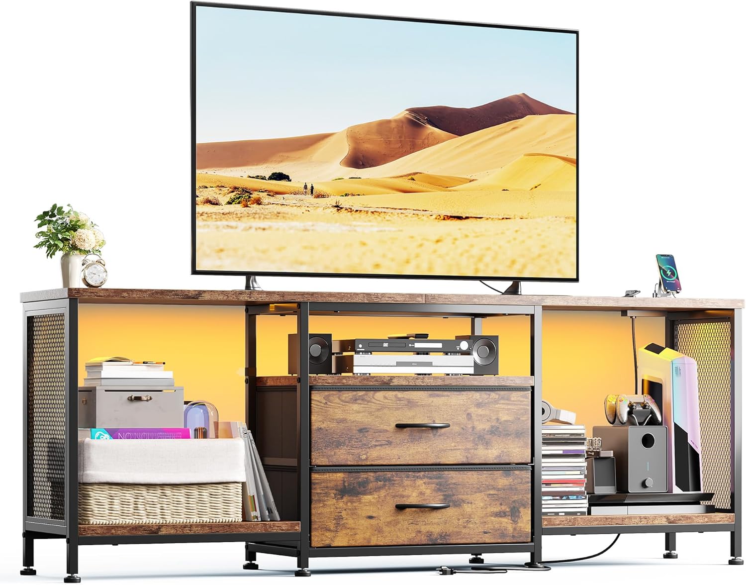 Rustic Brown TV Stand with LED Lights & Drawers by EnHomee