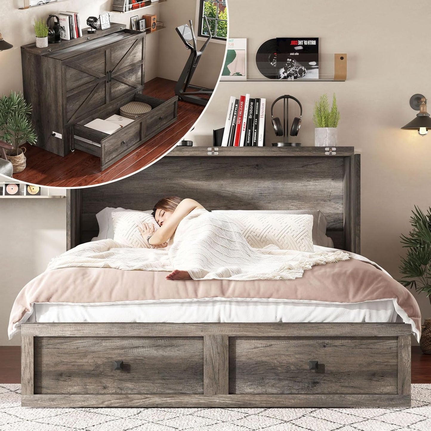 Queen Murphy Bed with Storage & Charging Station for Any Room