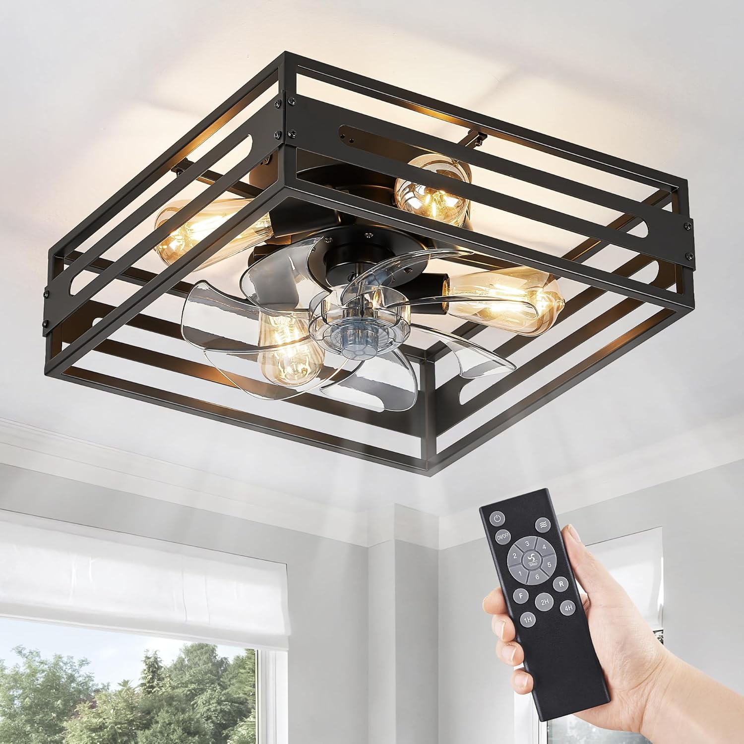 LEDIARY Caged Low Profile Ceiling Fan with Lights and Remote Control