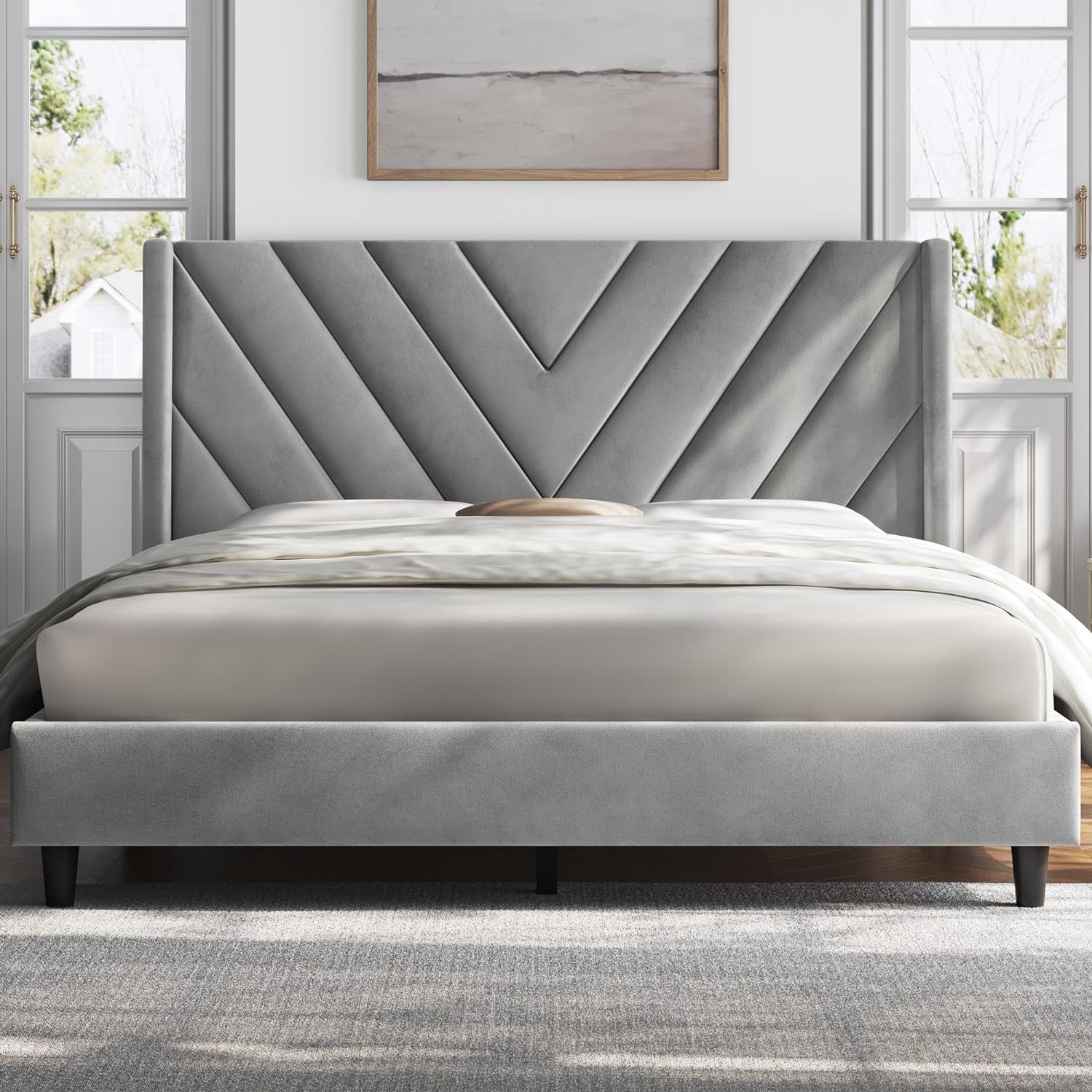 Yaheetech Full Bed Frame with Wing Side Tufted Headboard