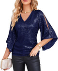 Sparkly Sequin Tops V-Neck 3/4 Sleeve - Slim Fit Party Blouse