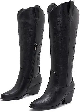 ZXHYZLZ Womens Knee-High Cowboy Boots with Chunky Heel