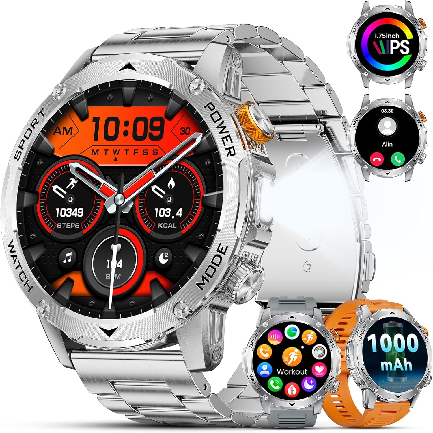 Military Smart Watches with 1000 mAh Battery and Flashlight