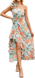 One Shoulder Floral Maxi Dress - Flowy Ruffle High Low Sundress Shoes