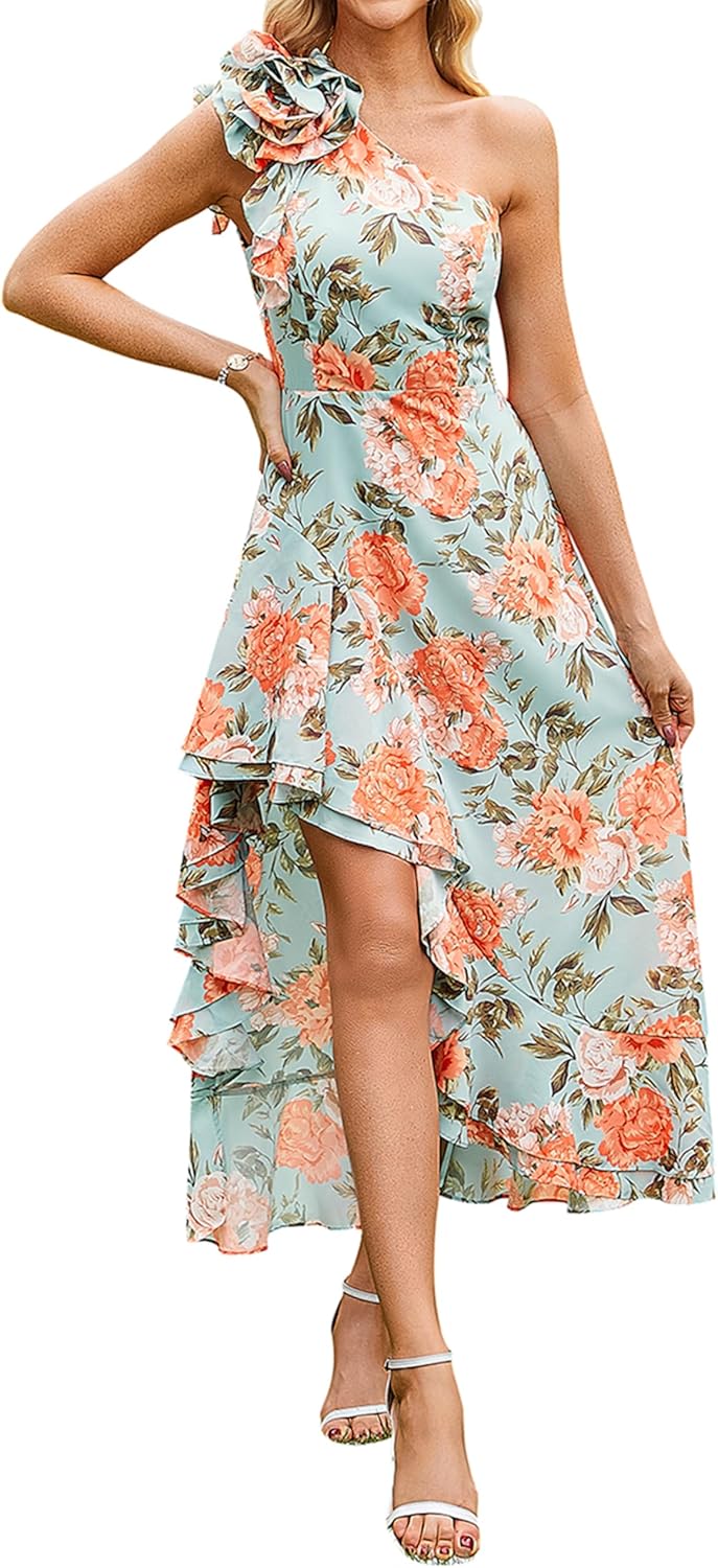 One Shoulder Floral Maxi Sundress for Summer Weddings and Events