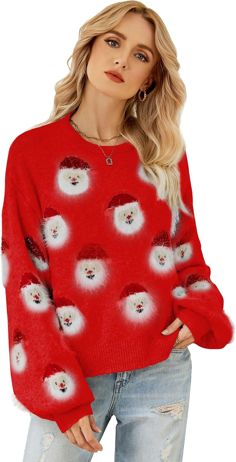Womens Ugly Christmas Sweater with Funny Santa Design for Parties