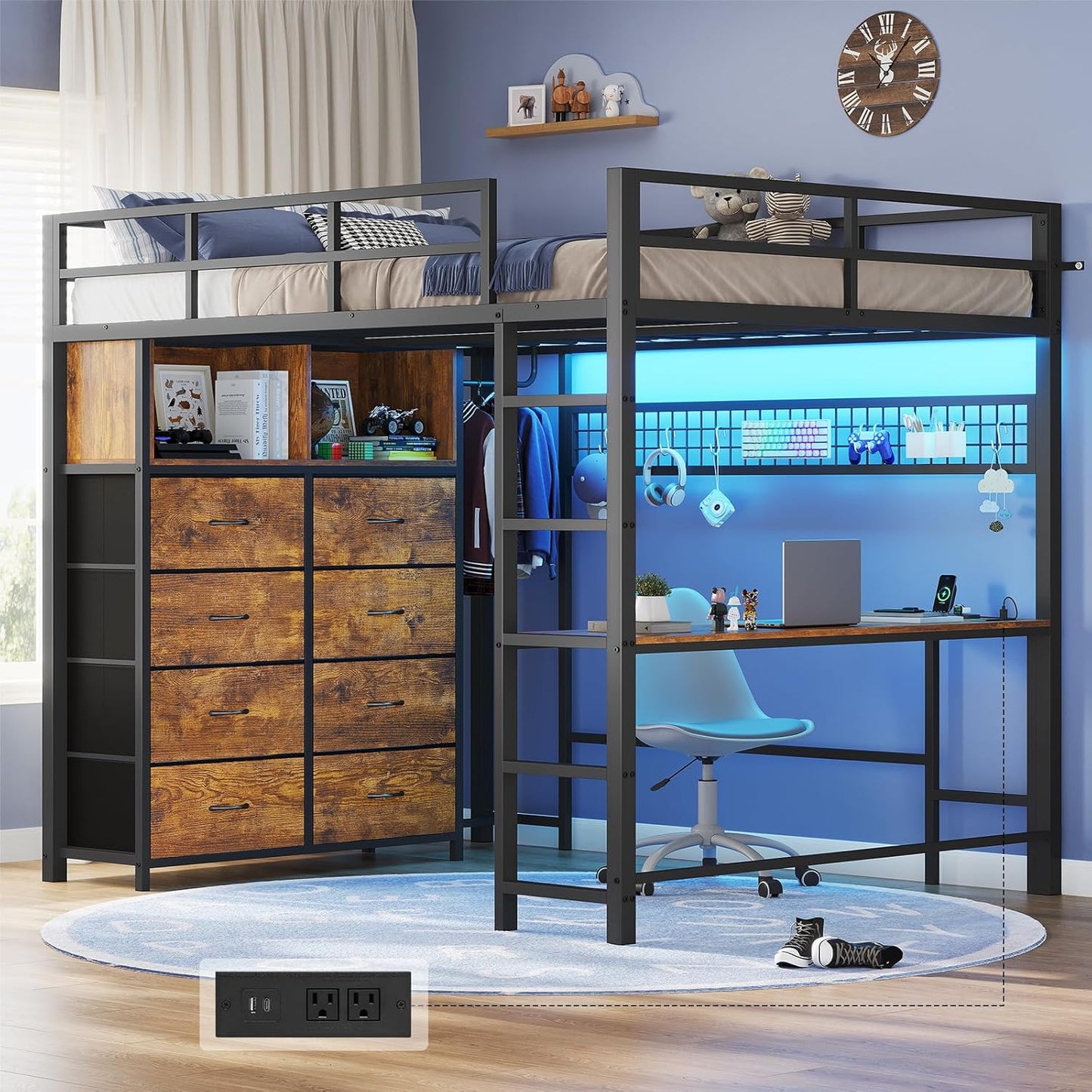 Full Size Loft Bed with Desk and Storage Drawers for Teens