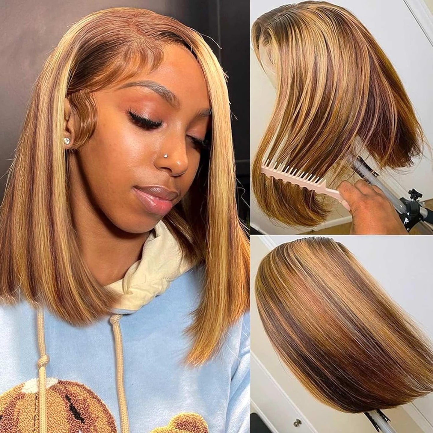Hihmarm Ombre Bob Wig Human Hair Highlight Honey Blonde Lace Frontal