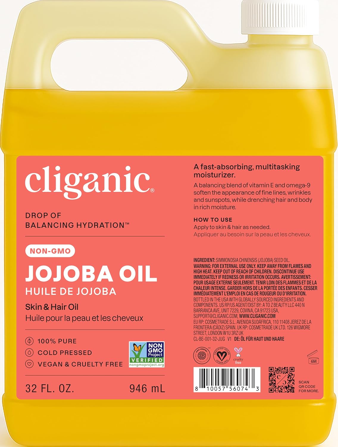 Cliganic Non-GMO Jojoba Oil 32oz - Pure Cold Pressed Oil