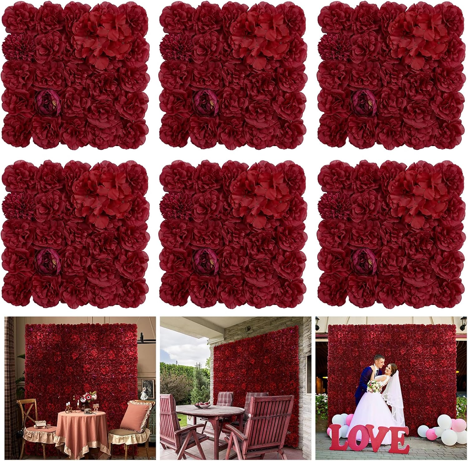 Flower Wall Backdrop 6 pcs 16.5x16.5 Inch Silk Rose Decor