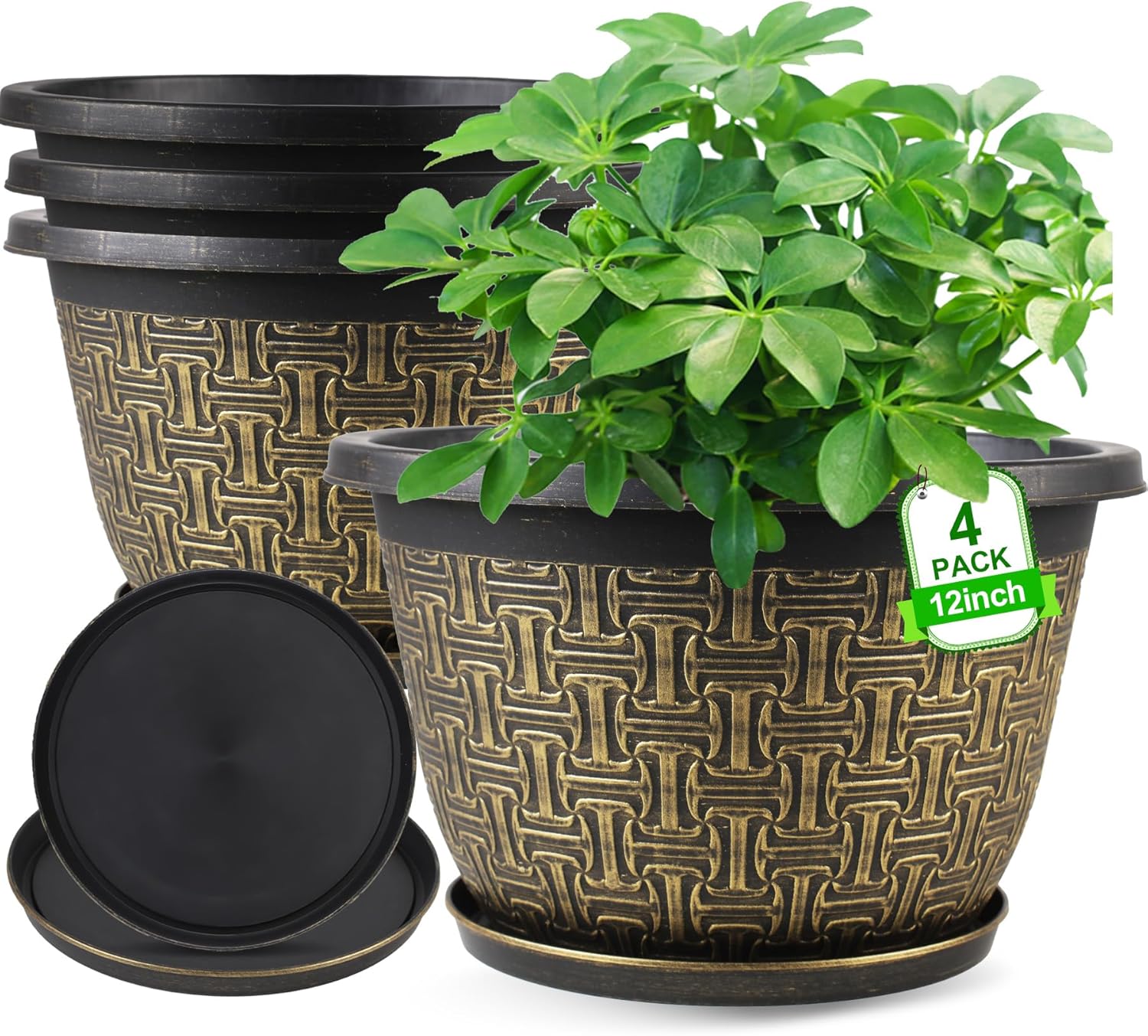 12 Inch Plant Pots Set of 4 with Drainage Holes and Trays