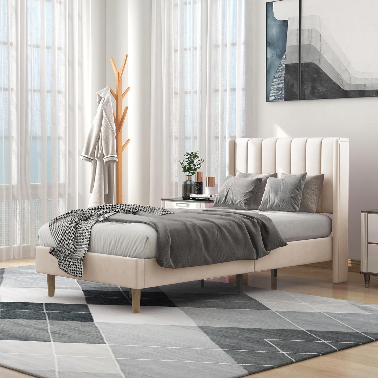 Upholstered Twin Size Bed Frame with Wingback Design and Support