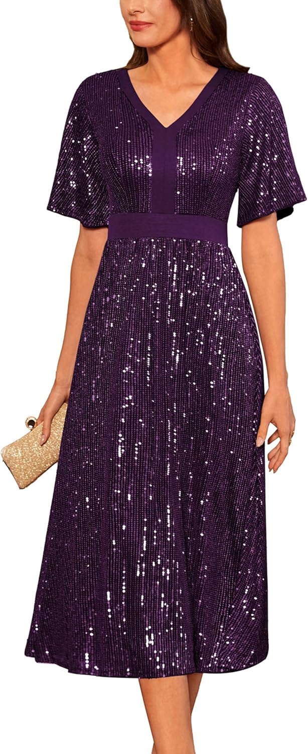 GRACE KARIN Women's Sequin V Neck Ruffle Sleeve Cocktail Dress
