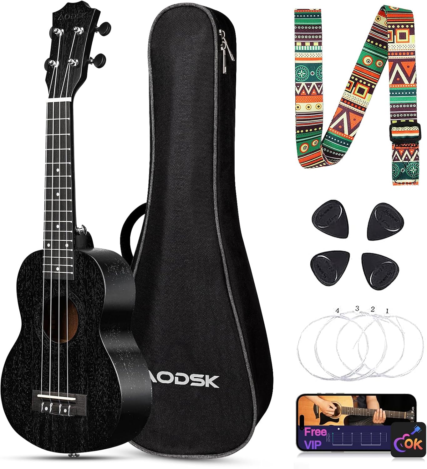 AODSK Concert Black Ukulele for Beginners - 23 Inch Uke