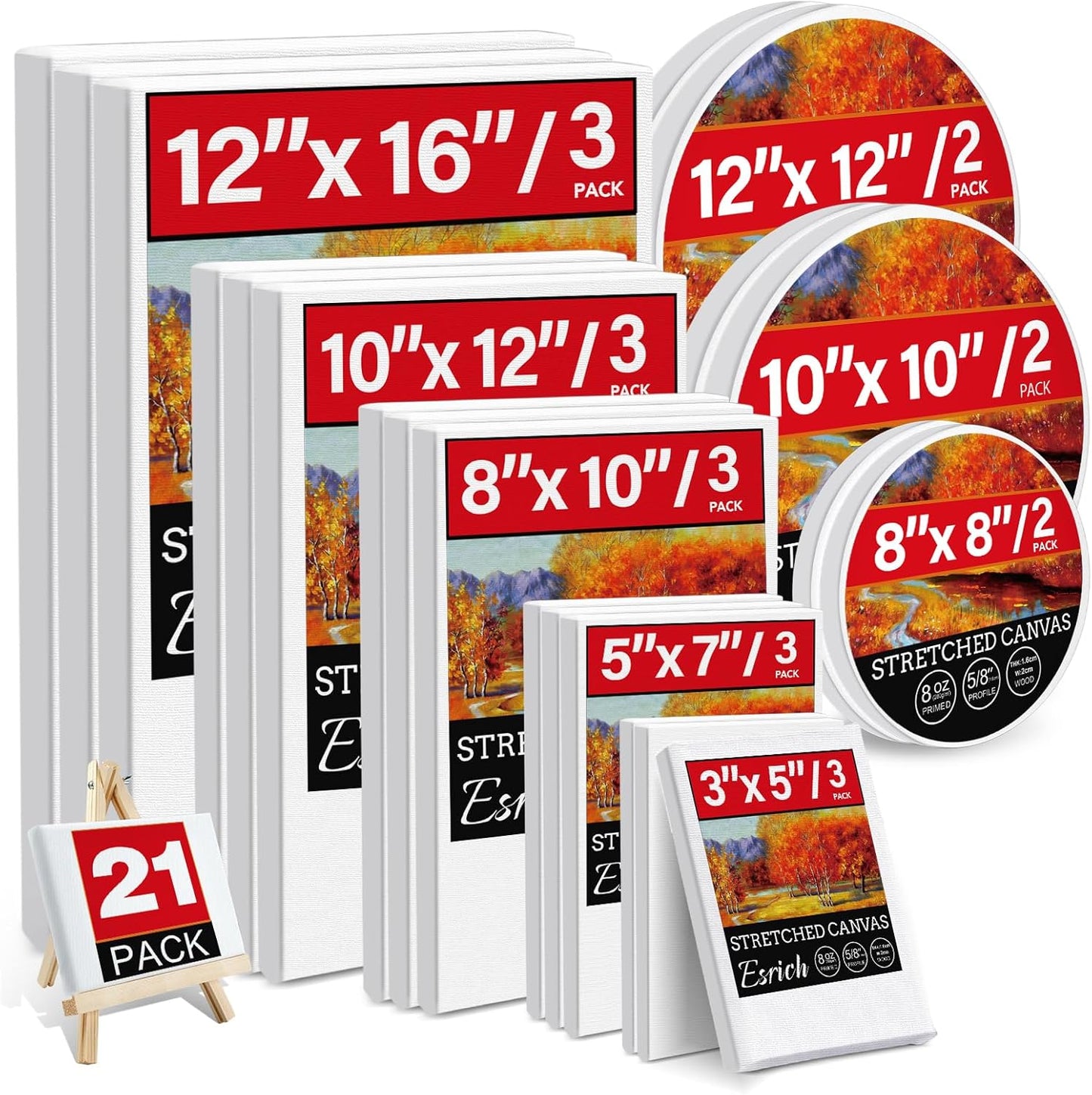 21 Packs Stretched Canvases for Painting - MultiSize Options