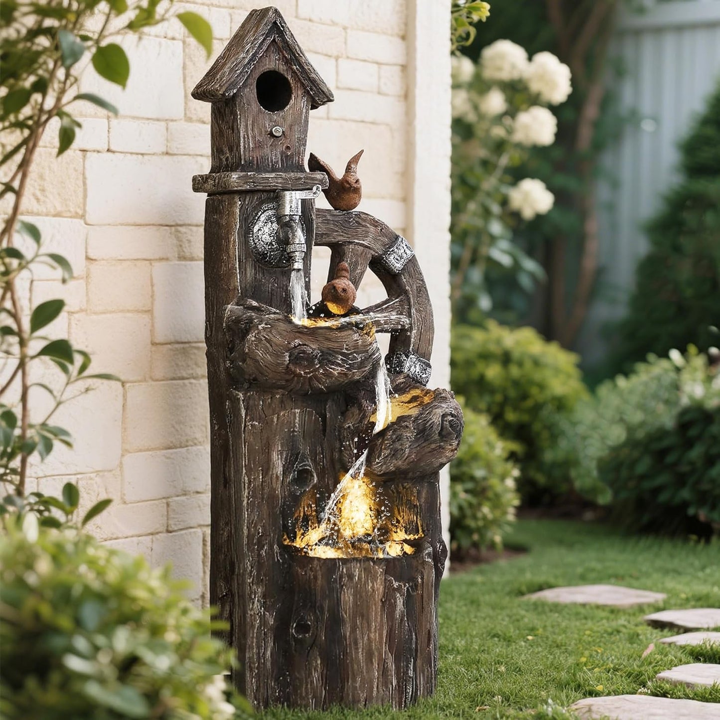 Outsunny Outdoor Water Fountain with LED Lights and Birdhouse