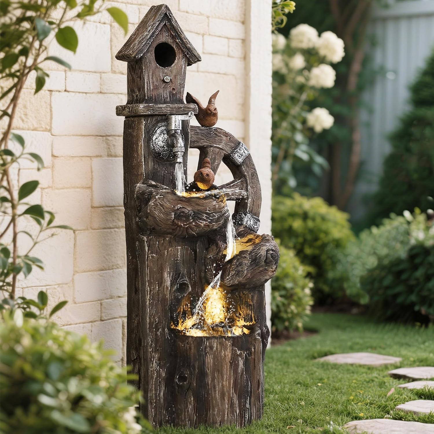 Outsunny Outdoor Water Fountain with LED Lights and Birdhouse
