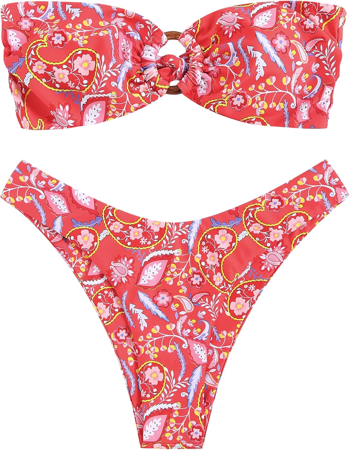 ZAFUL Women's Bandeau Bikini O Ring Strapless High Cut Swimsuit