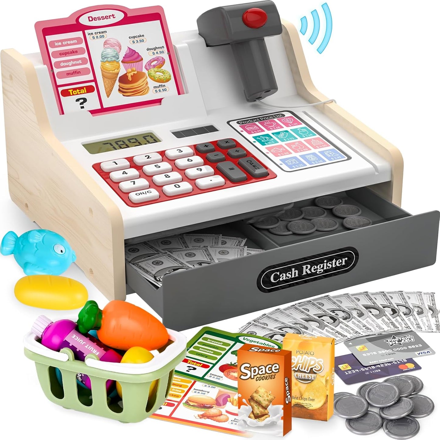 Rechargeable Wooden Kids Cash Register with Scanner for Fun Play