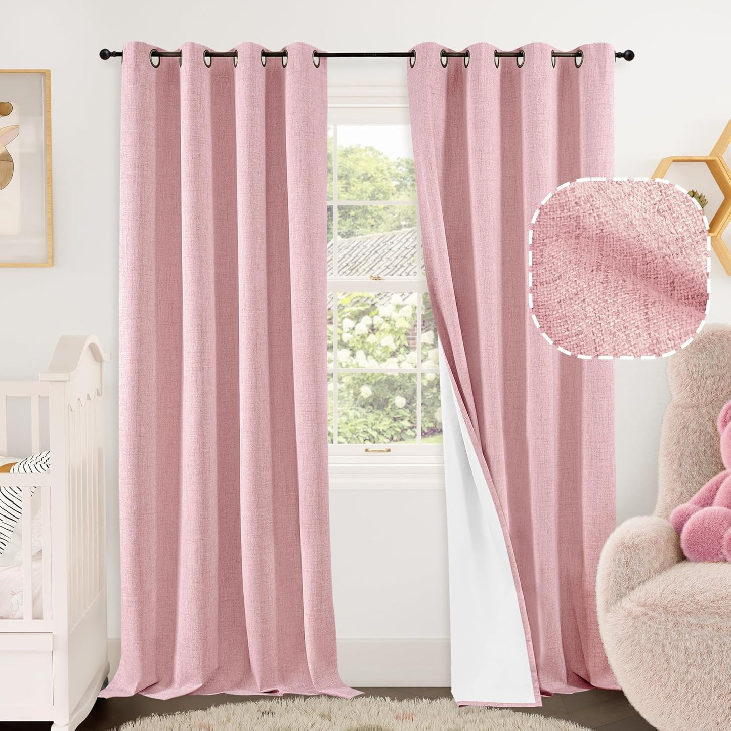 Baby Pink Linen Blackout Curtains for Girls Bedroom 84 Inch