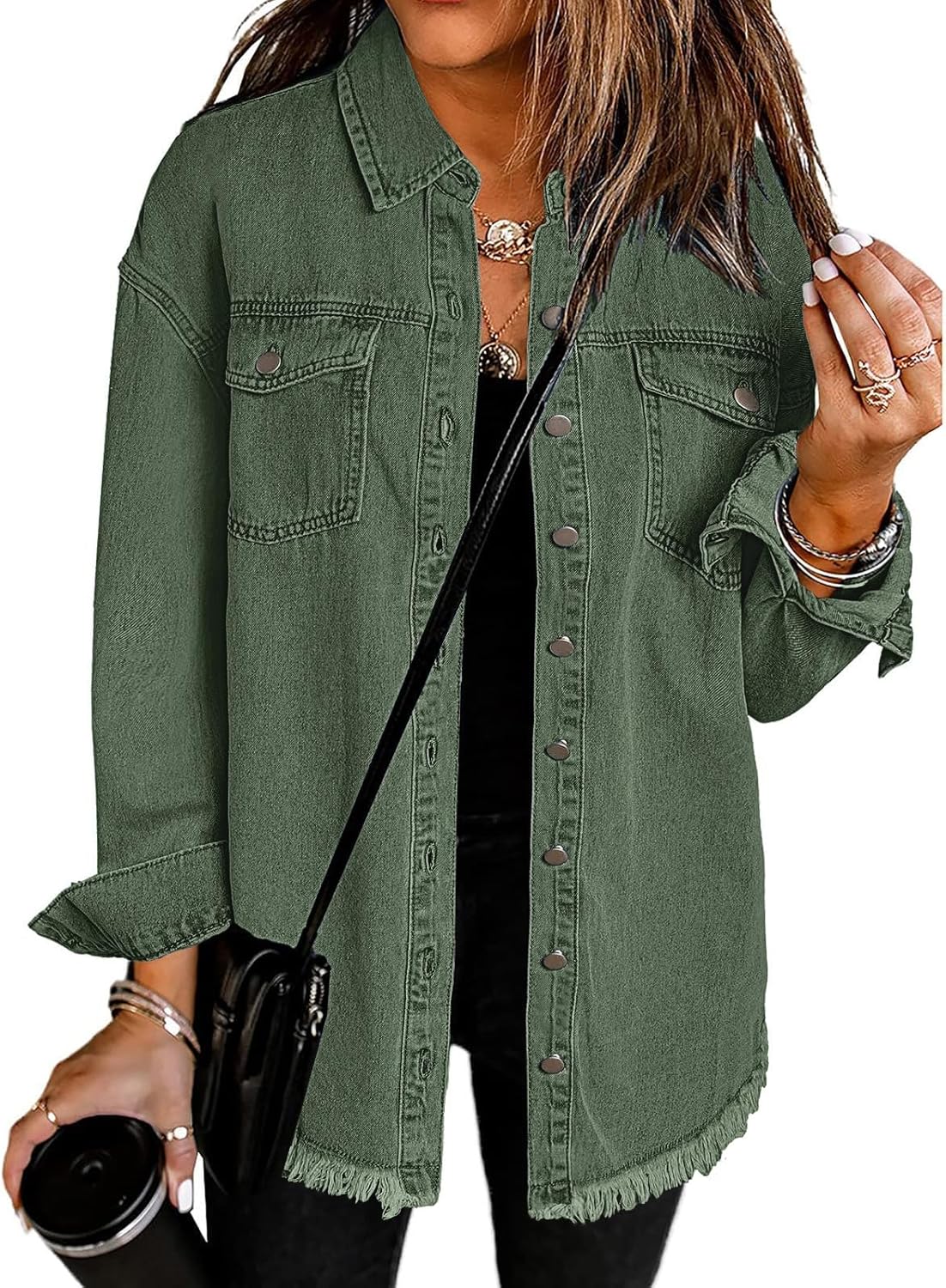 Oversized Button Up Frayed Hem Shacket for Women - Denim Jacket