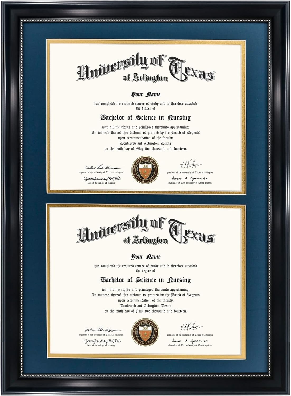Double Diploma Frame for 8.5x11 Certificates with Navy Mat