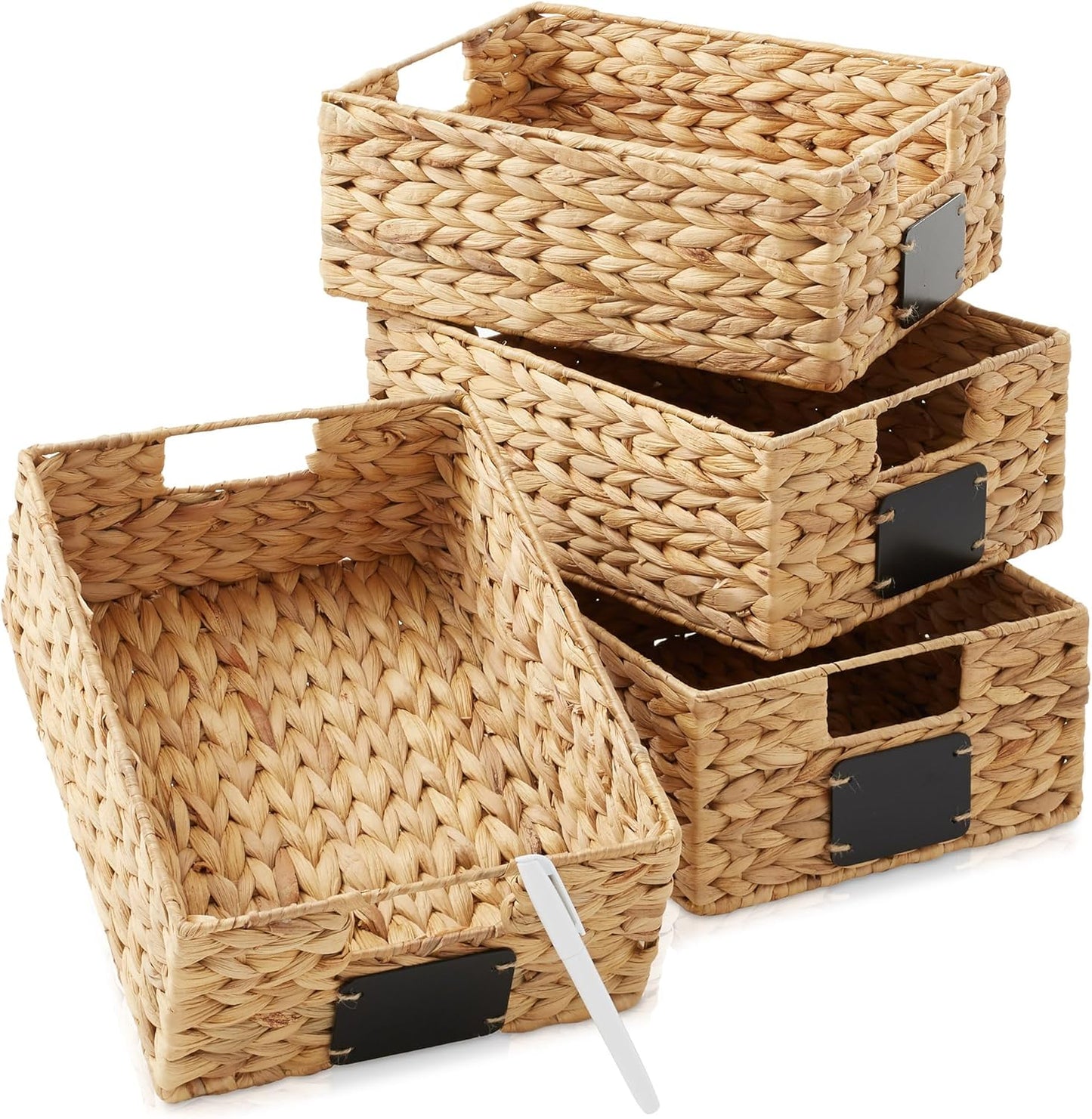 Set of 4 Water Hyacinth Pantry Baskets with Chalkboard Labels