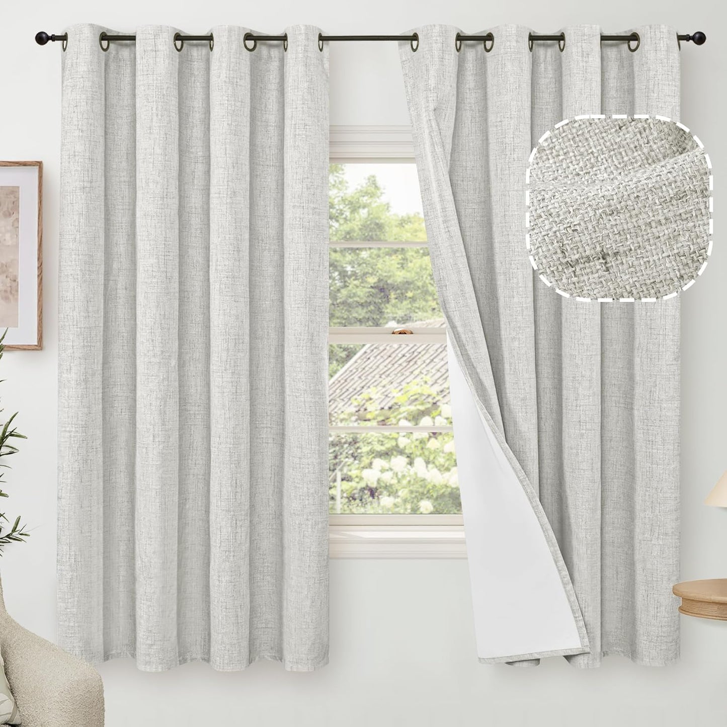 60 Inch Wide Linen Blackout Curtains for Bedroom - Light Grey