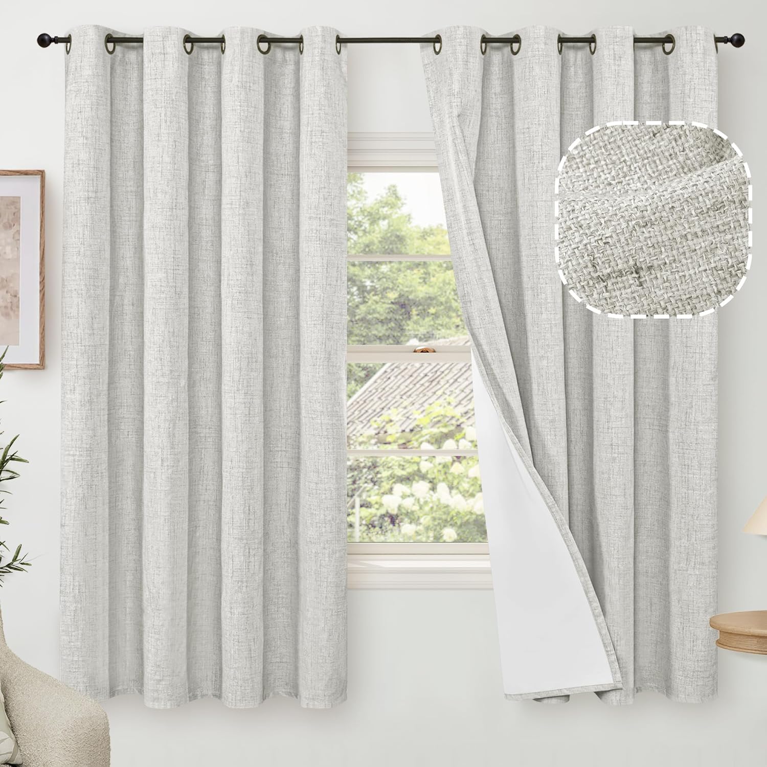 60 Inch Wide Linen Blackout Curtains for Bedroom - Light Grey