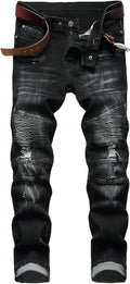 AITITIA Men's Biker Zipper Deco Washed Straight Fit Jeans (Style 4975)