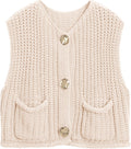 Womens Crochet Chunky Knit Top Sleeveless Cardigan with Pockets