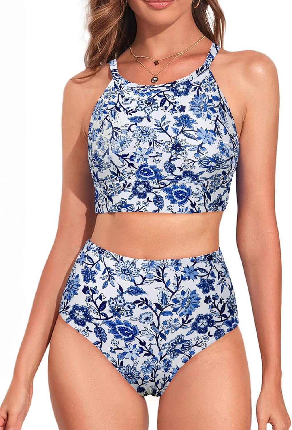 Herseas Women's High Neck Tropical Leaf Print Bikini Set