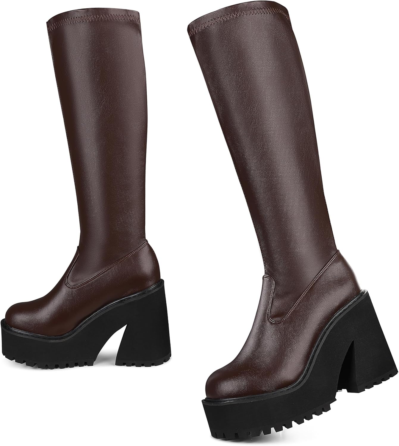Womens Elastic Knee High Platform Chunky Block High Heel Boots