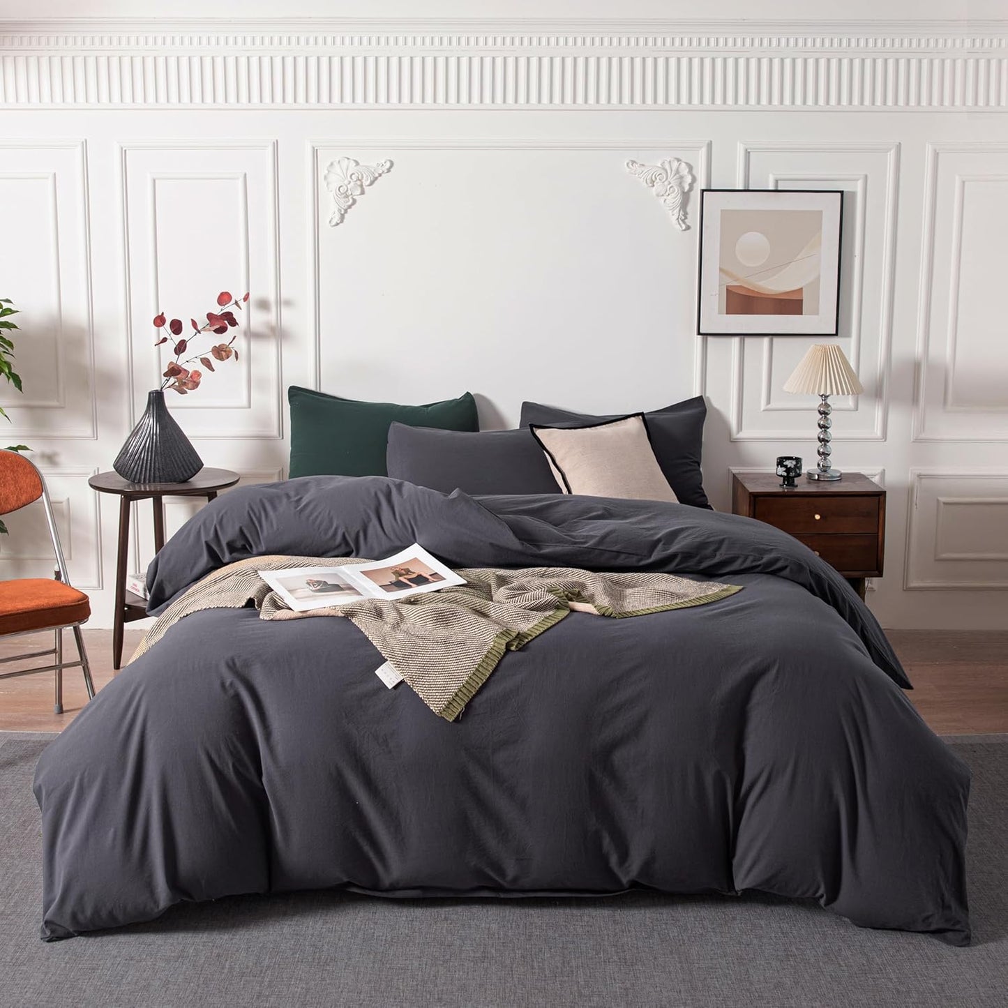 Washed Cotton Duvet Cover Set Ultra Soft Charcoal Gray Queen