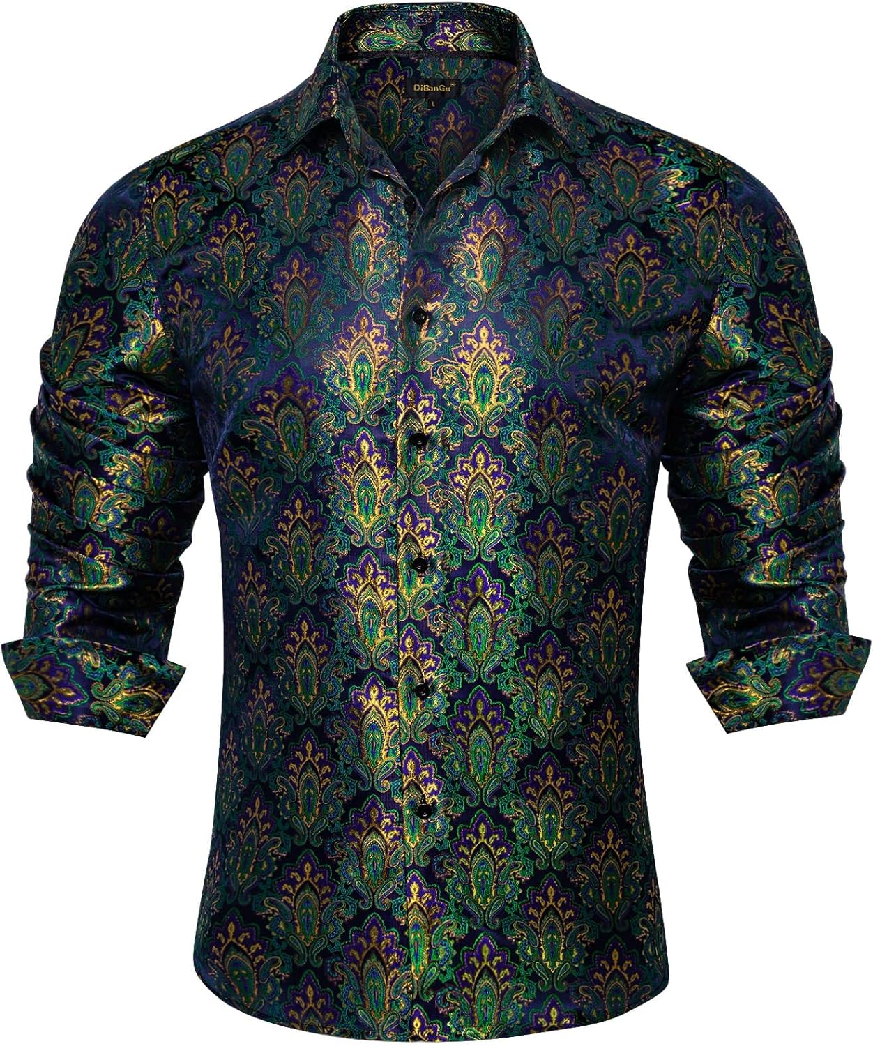 DiBanGu Mens Silk Paisley Dress Shirts for Weddings and Parties