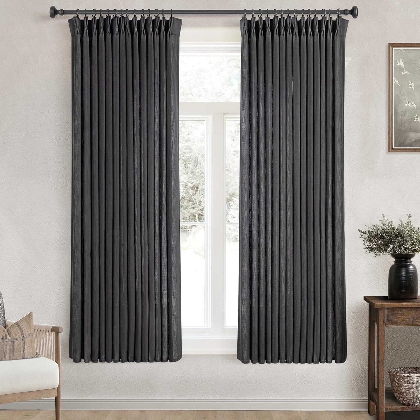 Pinch Pleated Black Linen Curtains 72 inches Long for Living Room