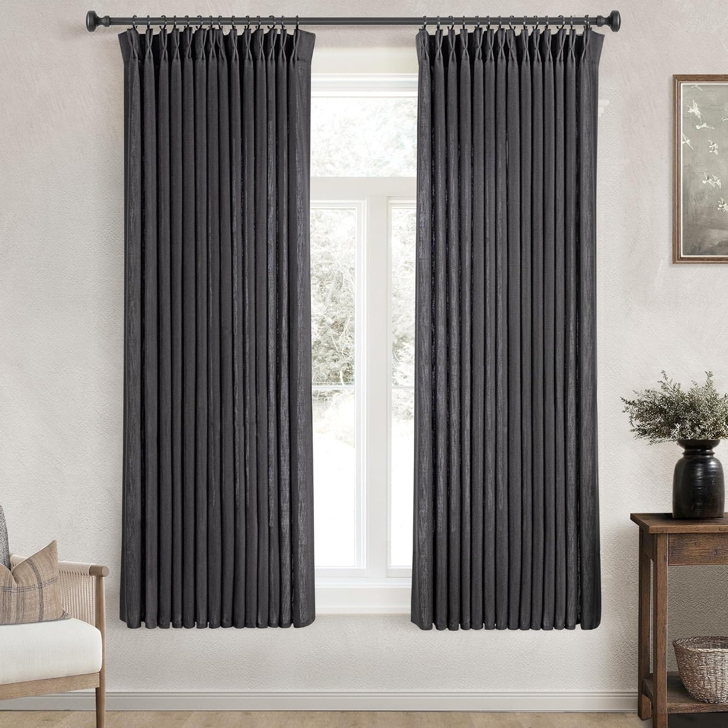 Pinch Pleated Black Linen Curtains 72 inches Long for Living Room