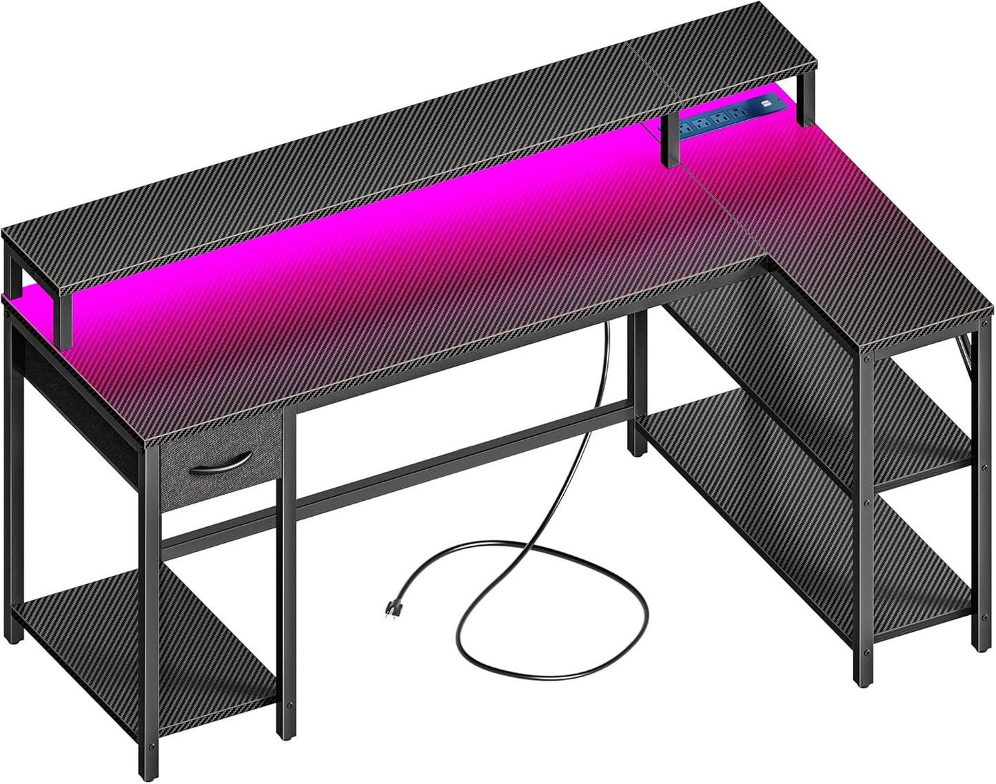 Modern Gaming Desk with LED Lights - Carbon Fiber Black