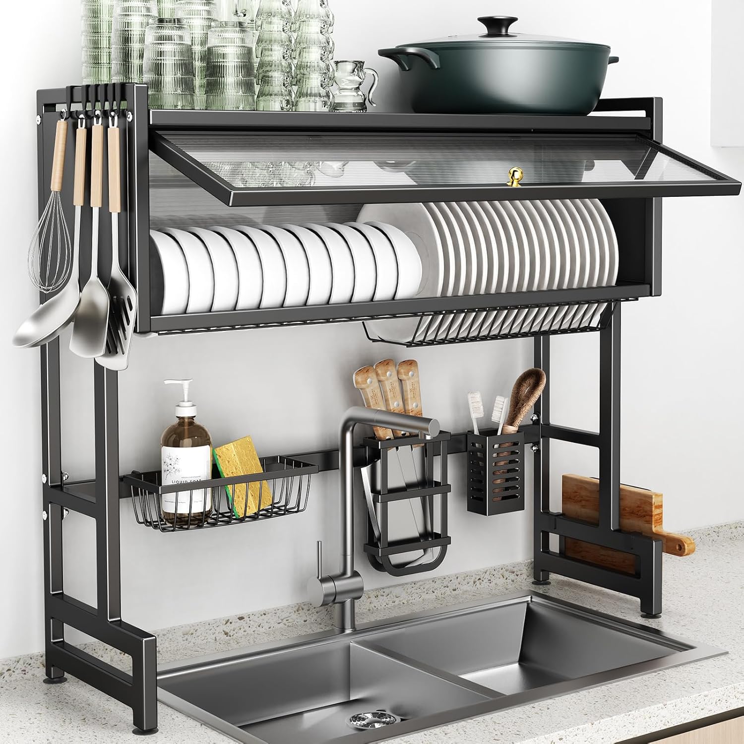 Over The Sink Dish Drainer Drying Rack with Innovative Lid Design