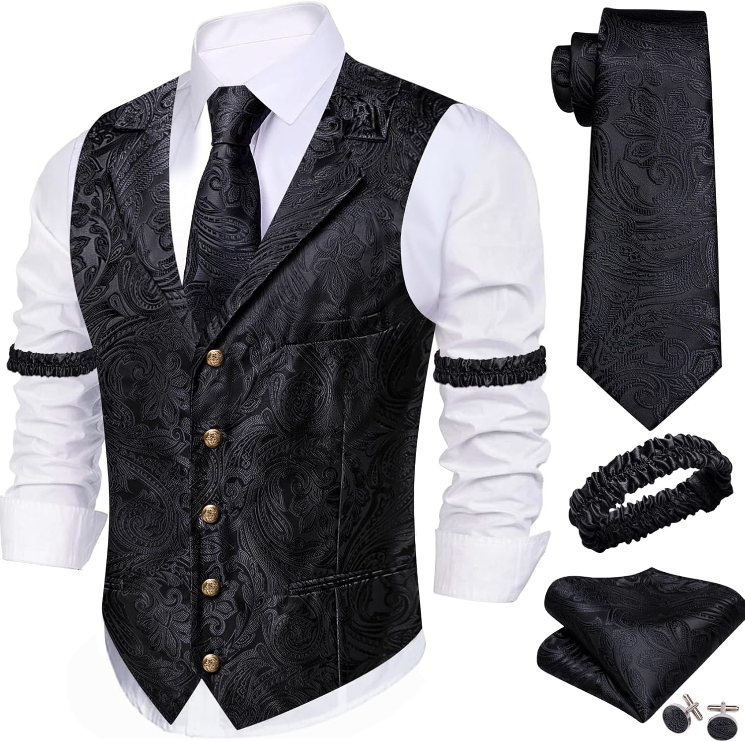 Barry.Wang Mens Silk Lapel Vest Tie Sleeve Holder Set for Weddings