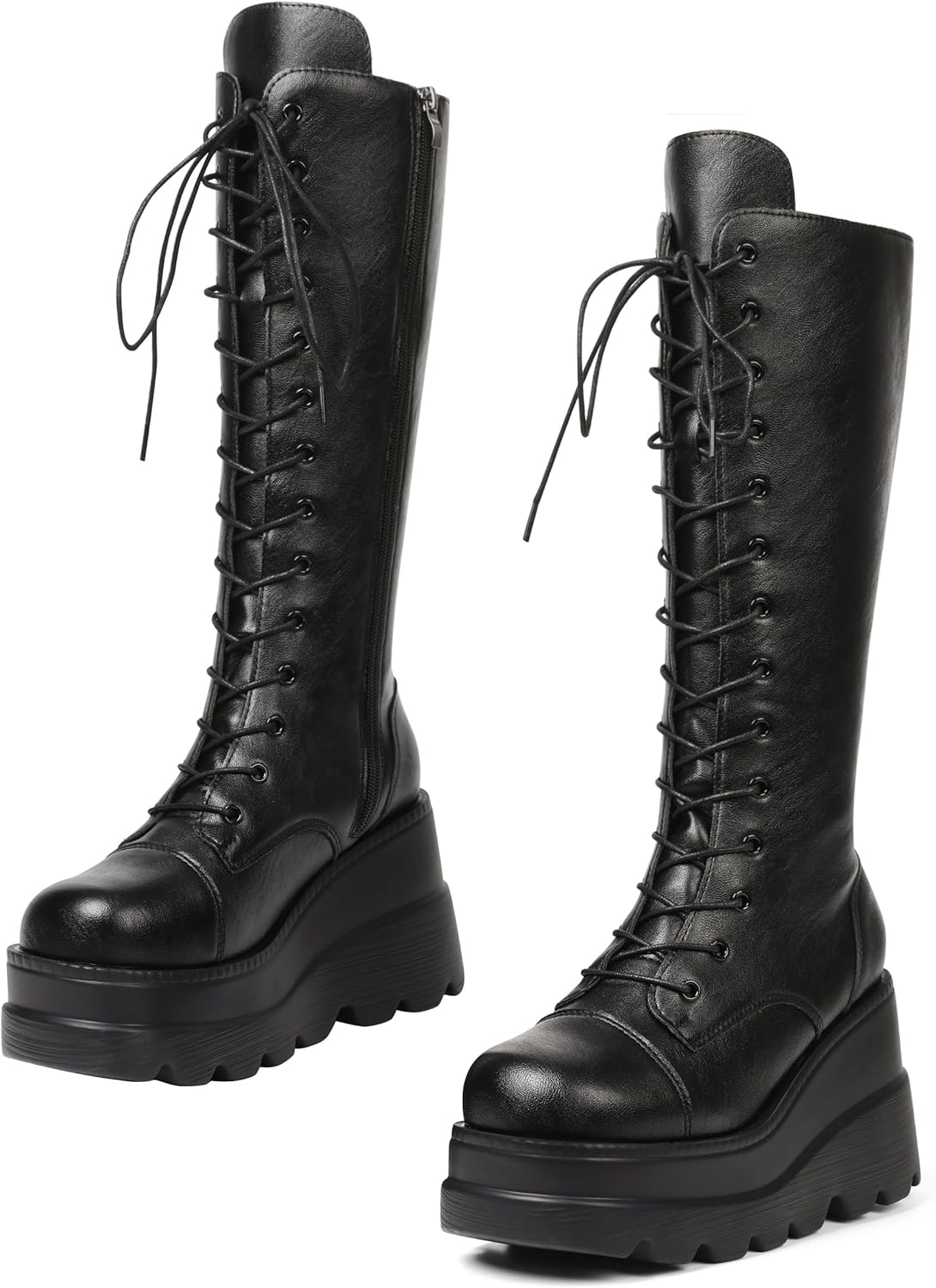 CELNEPHO Womens High Platform Mid Calf Wedges Combat Boots