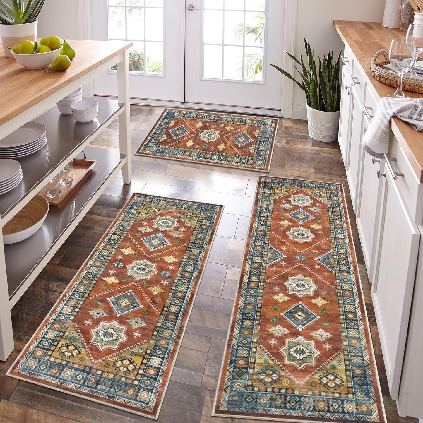 HEBE Boho Kitchen Rug Sets 3 Piece Non Slip Washable Mats