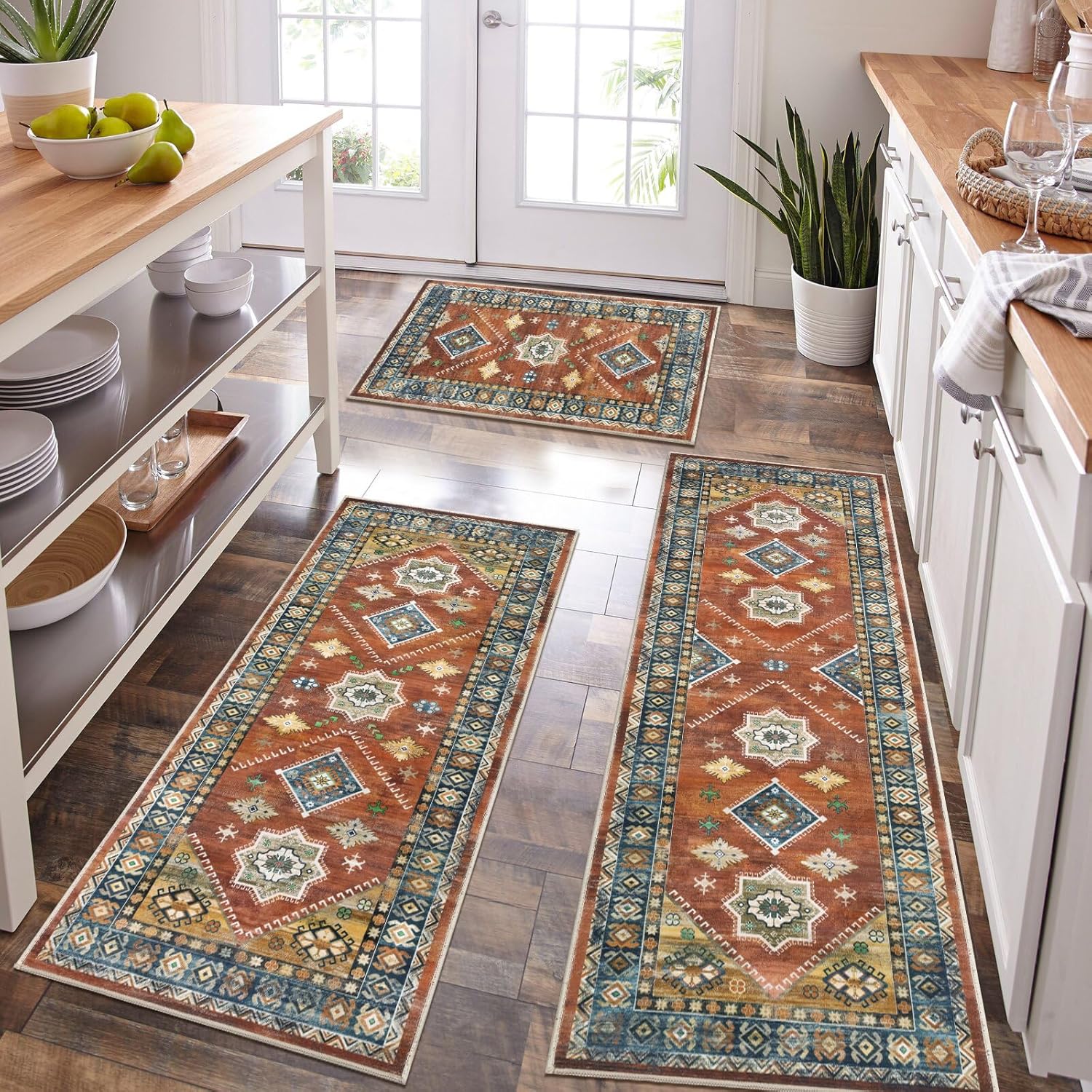 HEBE Boho Kitchen Rug Sets 3 Piece Non Slip Washable Mats