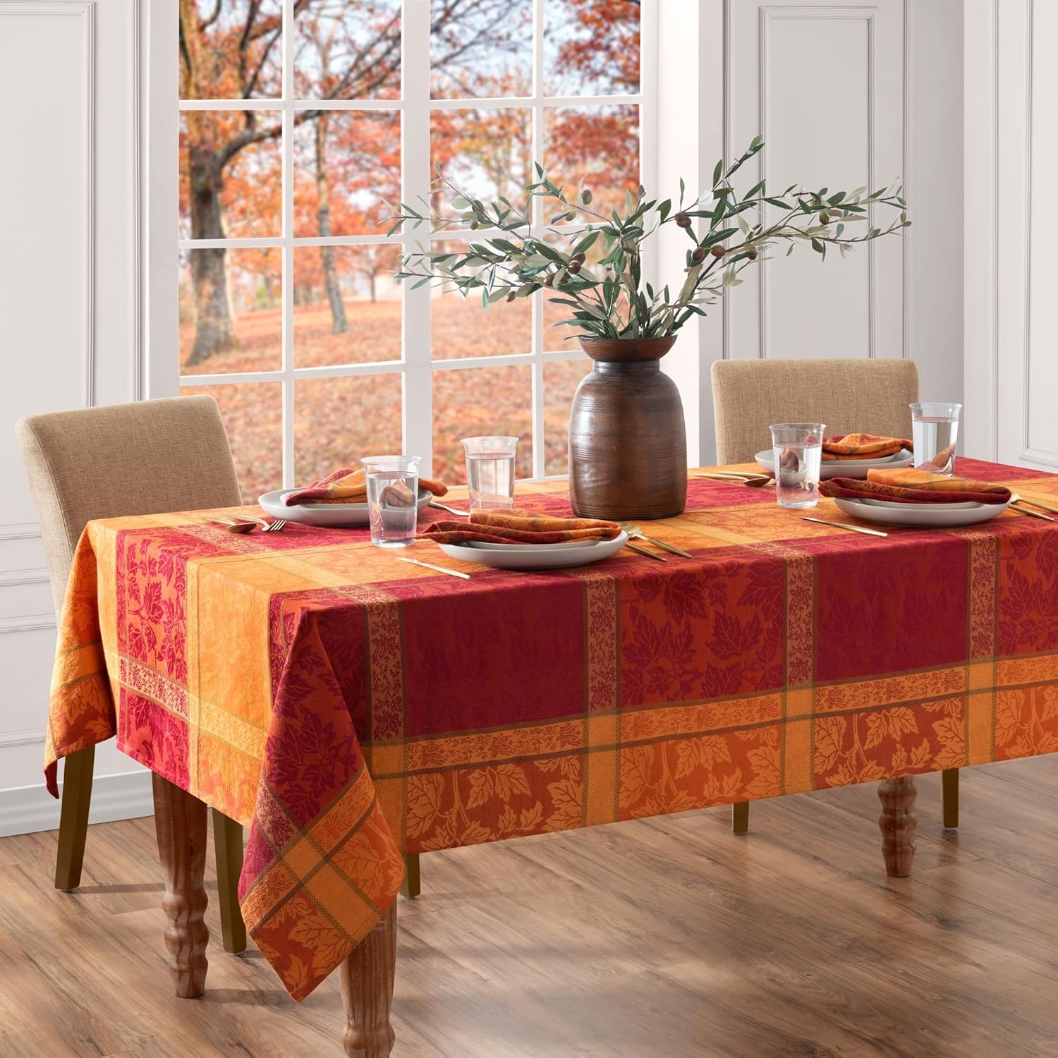 Elrene Home Fashions Maplewood Leaf Jacquard Tablecloth for Fall