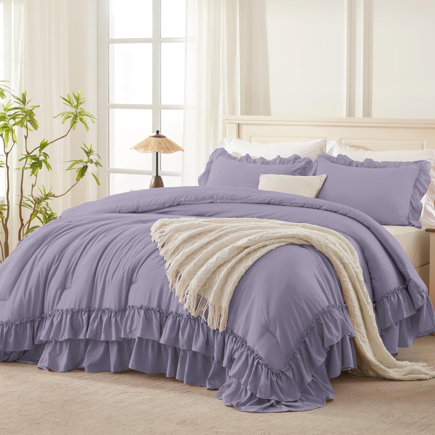 Grayish Purple Ruffle Comforter Set King for Chic Bedrooms