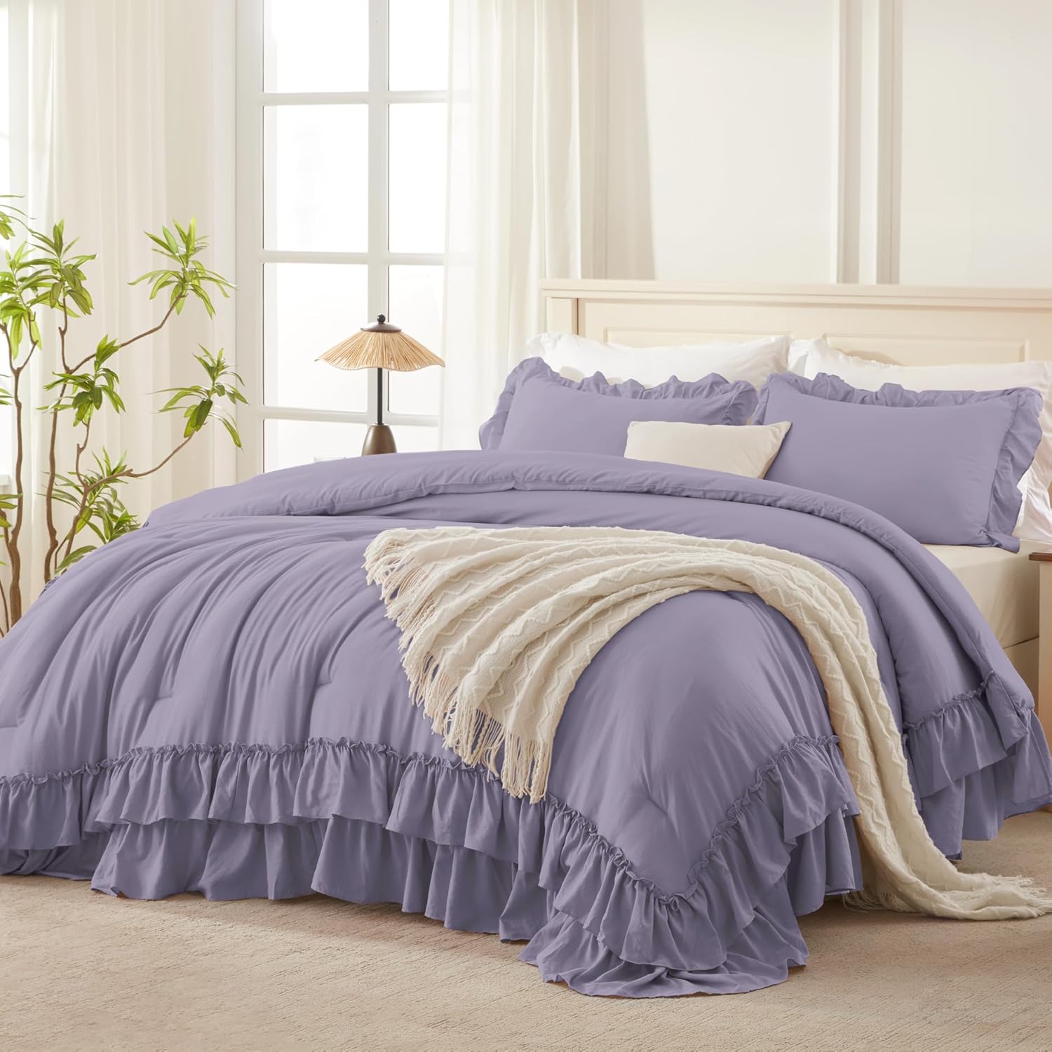 Grayish Purple Ruffle Comforter Set King for Chic Bedrooms