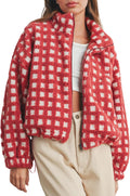 Esmeling Womens Cropped Sherpa Fleece Plaid Jacket - Cozy Casual Fit